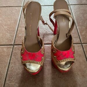 Kurt Geiger Red and Gold Heels with Tan Accents